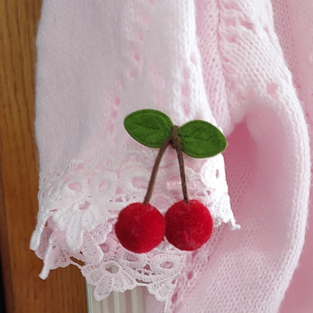 Pink Cherry Pattern Knitted Short Sleeve Scalloped Hem & Cherry Appliques - Picture 3 of 5